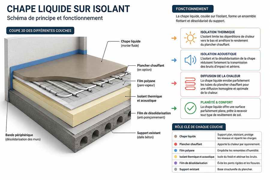 Sch&eacute;ma expliquant la composition d'une chape liquide sur isolant avec dalle b&eacute;ton, film polyane, isolant thermique et acoustique, plancher chauffant, bande p&eacute;riph&eacute;rique et fonctionnement des diff&eacute;rentes couches